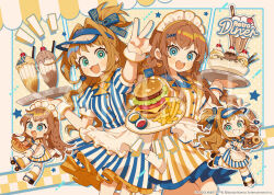  2girls :d apron blue_dress blue_eyes blue_hairband blush braid brown_hair burger character_request chibi commentary_request copyright_notice cowboy_shot cup cupcake dot_nose doughnut dress drinking_glass earrings flag food french_fries frilled_dress frills green_eyes hair_intakes hairband heart heart_earrings holding holding_plate hot_chocolate hot_dog idolmaster jewelry long_hair looking_at_viewer maid_headdress multiple_girls multiple_views notice_lines official_art open_mouth outstretched_arm plate short_sleeves smile striped_clothes striped_dress text_hair_ornament uekura_eku v vertical-striped_clothes vertical-striped_dress visor_cap waist_apron waitress white_apron yellow_dress 