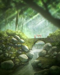  1other ambiguous_gender animal blurry blurry_foreground bridge commentary day deer depth_of_field forest landscape light_rays nature original outdoors reason_(mark-of-the-unicorn) river rock scenery sunbeam sunlight tree very_wide_shot water waterfall 