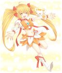  :d blonde_hair boots closed_eyes cure_sunshine dress eyes_closed hair_ribbon happy heart heartcatch_precure! magical_girl midriff myoudouin_itsuki navel open_mouth orange_dress outstretched_arms potpourri_(heartcatch_precure!) potpourri_(precure) precure ribbon skirt smile spread_arms twintails yellow yellow_background yui_(prasticgirl) yui_(spica) 