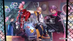  4boys black_gloves black_hair black_pants black_shirt blonde_hair blue_jacket blue_pants car chain-link_fence chair coat commentary_request copyright_notice couch crossed_legs dartboard electric_fan feet_out_of_frame fence flipped_hair frown fura_kanato fura_kanato_(1st_costume) glasses gloves indoors jacket jacket_on_shoulders jisshu long_sleeves looking_at_viewer male_focus motor_vehicle multiple_boys nail_polish neon_lights nijisanji official_art pants phonograph pink_hair pink_jacket purple_hair red_coat red_hair sample_watermark seraph_dazzlegarden seraph_dazzlegarden_(1st_costume) shikinagi_akira shikinagi_akira_(1st_costume) shirt shoes short_hair sitting smile sneakers stairs two-sided_fabric two-sided_jacket virtual_youtuber voltaction watarai_hibari watarai_hibari_(1st_costume) watermark white_jacket white_shirt yellow_eyes 