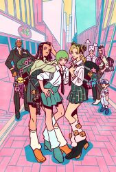  3boys 4girls alternate_costume alternate_universe backpack bag baseball_cap baseball_uniform black_hair blonde_hair braid brothers character_charm charm_(object) child clouds collared_shirt commentary_request dark-skinned_male dark_skin diver_down_(stand) double_bun dreadlocks emporio_alnino enrico_pucci ermes_costello foo_fighters_(jojo) foo_fighters_(stand) formal_clothes fur_hat green_bag green_eyes green_hair green_skirt grey_hat hair_bun hat highres jojo_no_kimyou_na_bouken kiss_(stand) kujo_jolyne long_hair loose_socks multicolored_hair multiple_boys multiple_girls narciso_anasui necktie pink_hair ponytail school_uniform shirt short_hair siblings skirt socks sportswear stand_(jojo) stone_free stone_ocean suit takeuchi_ryousuke two-tone_hair weather_report white_hair yellow_necktie 