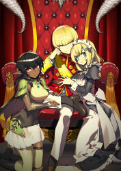  1boy 2boys ahoge apron black_boots black_hair black_shoes black_socks blonde_hair blue_eyes blunt_bangs boots bow breasts butterfly_hair_ornament chair commentary_request cover cover_page dark-skinned_female dark_elf dark_skin dress elf figure_four_sitting hair_ornament hands_on_another's_leg head_on_hand highres jacket juliet_sleeves kneeling large_breasts leaning_on_person long_dress long_hair long_sleeves looking_at_viewer maid maid_apron maid_headdress medium_breasts medium_hair military_uniform multiple_boys namaniku_atk novel_cover official_art pants pointy_ears puffy_sleeves red_eyes red_jacket sash shoes short_hair sitting sitting_on_throne skirt sleeve_cuffs smug socks ulgallia_senki white_apron white_bow white_pants white_skirt yellow_sash 