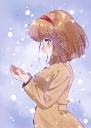  1girl black_shirt breath brown_coat brown_hair coat commentary_request cupping_hands from_side green_eyes hairband hands_up highres looking_at_hands medium_hair nanako_(nanako_sos) nanako_sos nka_46 own_hands_together red_hairband shirt snowing solo standing upper_body 