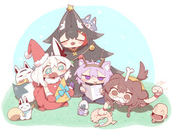  <o>_<o> 4girls :3 absurdly_long_hair absurdres ahoge alternate_costume animal_ear_fluff animal_ear_piercing animal_ears aqua_bow aqua_eyes bag black_hair bow braid brown_eyes brown_hair cartoon_bone cat_ears cat_girl closed_eyes cocomayo29_(tomato) commentary_request dog_ears dog_girl dog_tail dress earrings fake_facial_hair fake_horns fake_mustache fang fox_ears fox_girl fox_tail fur-trimmed_dress fur-trimmed_gloves fur-trimmed_headwear fur_trim gloves hair_between_eyes hat highres holding hololive horns human_christmas_tree inugami_korone jewelry korean_commentary listener_(inugami_korone) long_hair miofa_(ookami_mio) miteiru_(shirakami_fubuki) multicolored_hair multiple_girls nekomata_okayu okanyan_(nekomata_okayu) onigirya_(nekomata_okayu) ookami_mio open_mouth pentagram purple_hair red_gloves red_hair santa_costume santa_hat shirakami_fubuki simple_background single_earring sleeveless star-shaped_pupils star_(symbol) sukonbu_(shirakami_fubuki) symbol-shaped_pupils tail twin_braids very_long_hair violet_eyes virtual_youtuber white_hair wolf_ears wolf_girl 