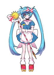  1girl absurdres apron blood blue_dress blue_eyes blue_hair blush buttons choker commentary commentary_request danchoo double-breasted dress hair_intakes hatsune_miku highres holding holding_staff ima_sugu_rinne_(vocaloid) long_hair loose_socks mesmerizer_(vocaloid) mismatched_pupils nose_blush puffy_short_sleeves puffy_sleeves roller_skates short_dress short_sleeves skates socks solo staff standing sweatdrop twintails visor_cap vocaloid waist_apron wrist_cuffs 