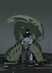  2boys absolute_batman absolute_dc bat_mask batman batman_(series) belt bodysuit commentary cowl crocodile crocodile_boy crocodilian crocodilian_tail crooked_teeth dc_comics dentures english_commentary extra_teeth grey_bodysuit highres killer_croc lizardman multicolored_bodysuit multiple_boys reptile_boy superhero_costume tail tjfclfb two-tone_bodysuit utility_belt 