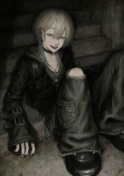  1boy absurdres belt belt_collar black_belt black_choker black_jacket black_nails black_shoes choker collar cross cross_earrings ear_piercing earrings grey_pants hair_between_eyes highres jacket jewelry lock_necklace long_hair looking_at_viewer mole mole_under_eye neck_piercing necklace open_mouth original pants piercing punk safety_pin sharp_teeth shoes single_sleeve_past_wrist sitting sitting_on_stairs solo spiked_shoes spikes stairs teeth torn_clothes torn_pants tuba_io white_hair 