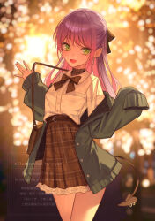  1girl :d bag black_bow black_bowtie black_ribbon blurry blurry_background bow bowtie brown_skirt collared_shirt colored_inner_hair commentary cowboy_shot cross cross_earrings dated_commentary demon_girl demon_tail earrings fang gradient_hair green_eyes grey_jacket hair_ribbon half_updo handbag hands_up high-waist_skirt highres hololive jacket jewelry lace-trimmed_skirt lace_trim long_hair looking_at_viewer miniskirt multicolored_hair off_shoulder open_mouth outdoors piercing pink_hair pointy_ears purple_hair ribbon shirt shirt_tucked_in single_sleeve single_sleeve_past_fingers skin_fang skirt smile solo spiked_ear_piercing tail tail_ornament tail_piercing tokoyami_towa virtual_youtuber white_shirt xyunx 