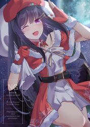  1girl ;d absurdres bag belt beret black_belt black_hair blush capelet christmas detached_collar dmc_tales2006 dress english_text fingerless_gloves full_moon fur-trimmed_capelet fur-trimmed_dress fur-trimmed_gloves fur_trim gloves hair_ornament hairclip hat heaven_burns_red highres holding long_hair looking_at_viewer moon night night_sky nikaidou_misato one_eye_closed open_mouth outdoors red_capelet red_dress red_gloves sack sky smile solo star_(sky) star_(symbol) starry_sky tree violet_eyes white_dress 