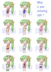  bikini chibi competition_swimsuit costume_chart denim denim_shorts english frilled_bikini frills green_eyes green_hair highres kappa long_hair one-piece_swimsuit original sakaguchi_misaki sarong school_swimsuit shorts side_ponytail swimsuit tank_top wink 