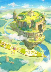  1other above_clouds ambiguous_gender blue_sky chinese_commentary clouds commentary_request day fantasy floating_city floating_island flying highres katou_oswaldo meadow original outdoors river scenery signature sky very_wide_shot 