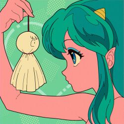  1girl bare_arms bare_shoulders blue_eyes blue_eyeshadow character_doll commentary cone_horns doll eyeshadow from_side green_background green_hair hand_up heart highres holding horns looking_at_object lum makeup moroboshi_ataru nka_46 pointy_ears portrait sidelocks solo teruterubouzu urusei_yatsura 