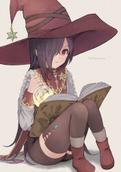  1girl amayomiyu black_hair black_shorts black_thighhighs book boots closed_mouth commentary_request flask full_body hair_over_one_eye hand_up hat hat_ornament heaven_burns_red holding holding_flask jacket knees_together_feet_apart knees_up long_hair long_sleeves one_eye_covered open_book reading red_boots red_eyes red_hat round-bottom_flask shorts simple_background sitting solo star_(symbol) star_hat_ornament straight_hair tenne_miko thigh-highs twitter_username v-shaped_eyebrows very_long_hair white_background white_jacket witch witch_hat zettai_ryouiki 