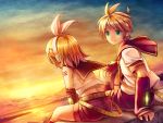  arm_warmers back bare_shoulders blonde_hair brother_and_sister cloud clouds detached_sleeves from_behind hair_ornament hair_ribbon hairclip headphones highres kagamine_len kagamine_rin namaru_(summer_dandy) ribbon sailor_collar short_hair shorts siblings sitting sky smile summer_dandy sunset twins vocaloid wallpaper water 