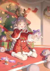  1girl :d absurdres animal_ears box braid capelet christmas_ornaments christmas_stocking christmas_tree christmas_wreath coat fake_animal_ears fake_antlers fur-trimmed_capelet fur-trimmed_coat fur-trimmed_shoes fur-trimmed_sleeves fur_trim gift gift_box grey_hair highres hololive hololive_english indoors koseki_bijou long_hair long_sleeves pebble_(koseki_bijou) red_capelet red_coat red_shoes ribbon scissors shoes sitting smile solo very_long_hair violet_eyes virtual_youtuber wariza wreath zetsuental 