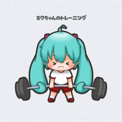  >_< 1girl absurdres ahoge chibi chibi_only closed_eyes closed_mouth commentary_request exercising full_body gym_uniform hatsune_miku highres prehensile_hair sh1n_chan solo standing straight-on vocaloid weightlifting 