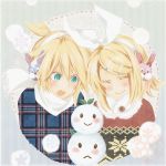  :&gt; blush bunny casual closed_eyes eyes_closed kagamine_len kagamine_rin mikippa rabbit scarf siblings snow_bunny twins vocaloid 
