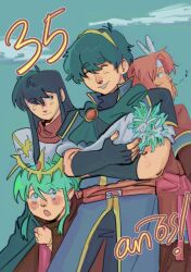  2boys 2girls anniversary blue_eyes blue_hair caeda_(fire_emblem) closed_eyes commentary english_commentary fire_emblem fire_emblem:_mystery_of_the_emblem green_hair haunterclere highres long_hair marth_(fire_emblem) multiple_boys multiple_girls pointy_ears red_hair short_hair smile tiara tiki_(fire_emblem) tiki_(young)_(fire_emblem) xane_(fire_emblem) 