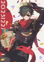  1boy 2025 arm_up black_gloves black_jacket black_pants box commentary confetti cowboy_shot crown dated english_commentary gift gift_box gloves green_eyes green_hair grey_background hair_over_one_eye happy_birthday highres holding holding_gift jacket lighter_(zenless_zone_zero) looking_at_another looking_at_viewer looking_over_eyewear male_focus pants parted_lips rainzz550793 red_pupils red_scarf scarf short_hair shoulder_spikes smile solo spiked_jacket spikes sunglasses torn_clothes torn_scarf zenless_zone_zero 