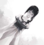  black_hair copyright_request dress dutch_angle grey_eyes looking_at_viewer monochrome pale_skin ponytail saki_(pixiv303252) short_sleeves solo staring white white_background 