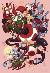  absurdres bag bell candy candy_cane christmas christmas_ornaments claws colored_sclera commentary_request digimon digimon_(creature) english_commentary evolutionary_line food fur-trimmed_headwear fur_trim gift green_sclera hat highres holding holding_bell holding_christmas_tree holding_gift horns infermon keramon keratayokichi kuramon looking_at_viewer mixed-language_commentary mouth_hold no_humans open_mouth orange_eyes pink_background red_eyes red_hat reins santa_hat sharp_teeth single_horn sleigh spikes teeth tsumemon yellow_eyes 