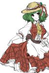  apron ascot green_hair hat kazami_yuuka long_skirt partially_colored plaid plaid_skirt plaid_vest red_eyes ririvery short_hair simple_background sketch skirt skirt_hold skirt_lift slip_skirt smile solo sun_hat tartan touhou vest waist_apron youkai 