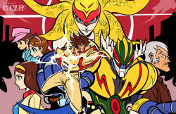  3boys 3girls dariens_leclerc gloves grey_shoes koutetsu_jeeg koutetsu_jeeg_(mecha) mature_male medium_hair multiple_boys multiple_girls poster_(medium) queen_himika_(koutetsu_jeeg) shiba_hiroshi shoes tall_male 