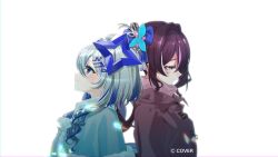  2girls ahoge amane_kanata azki_(hololive) black_hair blue_capelet blue_eyes blue_hair bow brown_jacket capelet colored_inner_hair commentary_request copyright_name fur-trimmed_capelet fur_trim grey_hair hair_bow hair_intakes hair_ornament hairclip halo highres hololive jacket long_hair multicolored_hair multiple_girls official_art pink_hair pink_streaks ponytail rio_(animator) simple_background star_halo streaked_hair sweater tilted_halo turtleneck turtleneck_sweater violet_eyes virtual_youtuber white_background white_streaks 