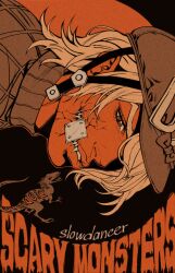  1boy argyle_clothes argyle_sweater bandaid bandaid_on_face blonde_hair bow brown_helmet cracked_skin diego_brando english_commentary english_text fangs flat_color gentleslowdance hair_over_one_eye hat hat_bow helmet highres jojo_no_kimyou_na_bouken limited_palette looking_at_viewer male_focus medium_hair one_eye_covered orange_theme profile ribbed_sweater scary_monsters_(stand) slit_pupils solo stand_(jojo) steel_ball_run sweater turtleneck turtleneck_sweater 