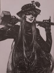  1girl black_gloves black_jacket bonnet bordfunker133 camouflage camouflage_pants carrying_over_shoulder digital_camouflage evgenia_blinova first_aid_pouch gloves greyscale grin hammer hat highres holding jacket long_hair long_sleeves mole mole_above_mouth mole_on_cheek monochrome original pants russo-ukrainian_war sledgehammer smile soldier solo tactical_gloves 