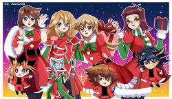 4boys 4girls arms_behind_back blonde_hair blue_eyes brown_eyes brown_hair chibi cute dark_magician dark_magician_girl deviantart_username fudou_yuusei green_eyes happy izayoi_aki long_hair mazaki_anzu merry_christmas multicolored_hair mutou_yuugi orange_eyes present purple_eyes red_hair santa_costume santa_dress short_hair sincity2100 smile tenjouin_asuka white_hair yu-gi-oh! yuu-gi-ou yuu-gi-ou_5d's yuu-gi-ou_gx yuuki_juudai