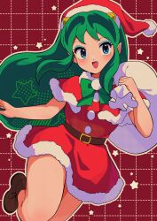  1girl aqua_eyeshadow belt belt_buckle blue_eyes bow bowtie brown_belt brown_shoes buckle capelet christmas commentary cone_hair_bun dress eyeshadow fang foot_out_of_frame fur-trimmed_capelet fur-trimmed_dress fur-trimmed_headwear fur_trim green_bow green_bowtie green_hair grid_background hair_bun hand_up hat highres holding holding_sack long_hair looking_at_viewer lum makeup nka_46 open_mouth pointy_ears pom_pom_(clothes) red_background red_capelet red_dress red_hat sack santa_costume shoes short_dress sidelocks smile solo standing standing_on_one_leg star_(symbol) star_in_eye symbol_in_eye urusei_yatsura 