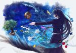  bird black_hair blue blue_eyes blue_rose butterfly dolphin feathers fish flower from_behind globe lily_(flower) long_hair original outstretched_arm pink_rose planet profile robinexile rose solo star_(sky) surreal tree very_long_hair 