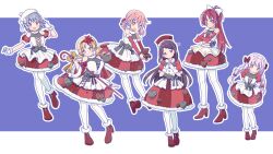  6+girls :d ;d absurdres akemi_homura arms_behind_back bare_shoulders black_bow black_hair blonde_hair blue_eyes blue_hair blush boots bow braid bright_pupils cane christmas closed_mouth commentary crossed_arms detached_sleeves dot_nose dress drill_hair fingerless_gloves flower full_body fur-trimmed_boots fur-trimmed_dress fur-trimmed_gloves fur-trimmed_shoes fur-trimmed_skirt fur-trimmed_sleeves fur_trim gloves hair_bow hair_flower hair_ornament hand_up hands_on_own_chest hat heart high_heel_boots high_heels highres holding holding_cane holding_stuffed_toy kaname_madoka letterboxed long_hair long_sleeves looking_at_viewer low_twintails mahou_shoujo_madoka_magica mahou_shoujo_madoka_magica:_hangyaku_no_monogatari mahou_shoujo_madoka_magica_(anime) miki_sayaka momoe_nagisa multiple_girls night one_eye_closed open_mouth outline outside_border pantyhose parted_bangs pink_eyes pink_hair ponytail purple_background red_boots red_bow red_dress red_eyes red_gloves red_hair red_hat red_shoes red_skirt red_sleeves ruru_(rurumagi) sakura_kyoko santa_costume shirt shoes short_dress short_hair short_sleeves short_twintails sidelocks simple_background skirt sleeveless sleeveless_dress sleeveless_shirt smile snowing standing standing_on_one_leg stuffed_animal stuffed_toy teddy_bear thigh-highs tomoe_mami tomoe_mami_(magical_girl) twin_braids twintails twitter_username v vest violet_eyes waist_bow white_bow white_dress white_gloves white_hat white_outline white_pantyhose white_pupils white_shirt white_thighhighs white_vest yellow_eyes 