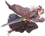  belt boots bow brown_hair choker dress grey_eyes hair_ribbon jacket jewelry long_hair official_art ooba_wakako raquel_applegate ribbon running scan scan_artifacts solo sword two_side_up weapon white_background wild_arms wild_arms_4 