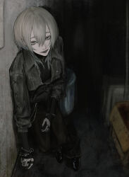  1boy absurdres alley black_pants bracelet ear_piercing foreshortening full_body grey_eyes grey_jacket hair_between_eyes hashtag-only_commentary highres jacket jewelry long_hair long_sleeves looking_at_viewer mole mole_under_eye multiple_rings necklace open_mouth original pants piercing punk ring sharp_teeth solo teeth tuba_io white_hair 