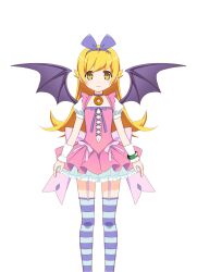  1girl a-pose absurdres arms_at_sides bat_wings blonde_hair blue_thighhighs blush_stickers bow bow_hairband bracelet center_cross_lace choker dot_nose doughnut dress feet_out_of_frame flat_chest flipped_hair food frilled_dress frilled_straps frills full_body garter_straps hair_flaps hairband highres jewelry large_bow long_hair magia_record:_mahou_shoujo_madoka_magica_gaiden magical_girl mahou_shoujo_madoka_magica monogatari_(series) navel official_art oshino_shinobu pendant_choker pink_bow pink_dress pointy_ears puffy_short_sleeves puffy_sleeves purple_choker purple_hairband purple_thighhighs ringed_eyes short_sleeves simple_background solo straight-on striped_clothes striped_thighhighs thigh-highs transparent_background very_long_hair waist_bow white_sleeves wings wristband yellow_eyes 