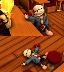 2017 2boys 3d aqua_eyes bar_(place) bartender black_pants black_shorts black_vest blue_jacket bottle closed_eyes commentary counter digital_media drunk duo edit elemental_(creature) english_commentary fire_elemental flaming_head floor glasses grey_hood grillby half-closed_eye height_difference holding holding_bottle hollow_eyes hood hood_down hooded_jacket humanoid in-universe_location indoors jacket ketchup_bottle lotus-sfm lying male male_focus male_only monster monster_boy multiple_boys on_back one_eye_closed open_clothes open_jacket orange_skin pants pink_slippers restaurant sans_(undertale) sequential shirt shorts skeleton slippers socks source_filmmaker_(medium) stitched stool teeth third-party_edit undead undertale uniform utdr_(toby_fox) vest white_shirt white_socks wooden_floor