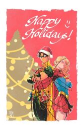  1boy 1girl agutierrezart batman_(series) belt black_hair blonde_hair blush bodysuit cape christmas dc_comics dick_grayson eye_mask happy_holidays hat mask multicolored_bodysuit robin_(dc) santa_hat supergirl superhero_costume superman_(series) taut_bodysuit two-tone_bodysuit utility_belt yellow_cape 