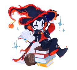  1boy absurdres apple black_cape black_hat black_pants black_shoes book book_stack cape chibi chibi_only chinese_commentary clownpierce commentary_request crossed_legs food fruit full_body hat highres holding holding_book jester male_focus mask minecraft_youtube ningmenglemon171 pants red_shirt shirt shoes simple_background sitting snail solo sparkle the_realm_smp white_background witch_hat 