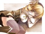  alric blonde_hair blush breasts drill_hair hat impossible_clothes impossible_clothing mahou_shoujo_madoka_magica on_side skirt solo thigh-highs thighhighs tomoe_mami yellow_eyes 