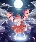  animal_ears closed_eyes cloud clouds dress echo0118 eyes_closed feathers full_moon hand_on_chest hand_on_own_chest hand_to_chest hat highres moon moonlight mystia_lorelei night night_sky pink_hair reflection short_hair singing sky solo touhou water wings 