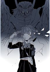  1boy 1girl armband bow evoker gekkoukan_high_school_uniform greyscale gun gun_to_head highres holding holding_gun holding_weapon holster horns long_sleeves looking_at_viewer lucifer_(megami_tensei) monochrome mp3_player paitan1007 persona persona_3 persona_3_portable school_uniform shiomi_kotone skirt weapon wings 