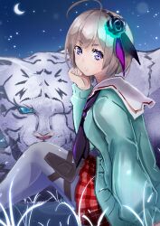  1girl 1other absurdres ahoge animal black_flower blue_eyes byakko_(heaven_burns_red) cardigan crescent_moon eririntrap flower grass hair_flower hair_ornament hairband head_rest heaven_burns_red highres holster long_sleeves looking_at_viewer minase_sumomo moon neckerchief night night_sky on_grass on_ground pantyhose plaid_clothes plaid_skirt red_skirt rose sailor_collar school_uniform serafuku short_hair sitting skirt sky star_(sky) starry_sky tiger violet_eyes white_sailor_collar white_tiger 