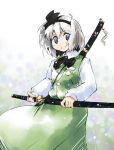  blue_eyes ghost hairband katana konpaku_youmu kuroneko1911a1 nanaroku_(fortress76) scabbard sheath short_hair silver_hair smile solo sword touhou unsheathing vest weapon white_hair 