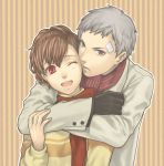  1girl alternate_costume bandaid brown_hair coat couple female_protagonist_(persona_3) gloves grey_eyes grey_hair hair_ornament hairclip hug minato_(robin) open_mouth persona persona_3 persona_3_portable ponytail red_eyes sanada_akihiko scarf short_hair striped striped_scarf turtleneck wink winter_clothes 