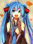  :d ahoge aqua_eyes bad_id blue_hair detached_sleeves hand_on_chest hand_on_own_chest hand_to_chest hatsune_miku kyabetsu_(mimiusaemiha) long_hair necktie open_mouth smile solo twintails very_long_hair vocaloid 
