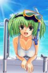  adult breasts cleavage diving_mask green_eyes green_hair kisume kurowana long_hair one-piece_swimsuit solo swimsuit touhou twintails wet 