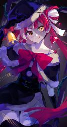  1girl absurdres alternate_costume black_dress cross-shaped_pupils diamond-shaped_pupils diamond_(shape) dress fur-trimmed_dress fur-trimmed_headwear fur_trim gradient_eyes green_eyes hat heterochromia highres hololive hololive_indonesia kureiji_ollie long_hair looking_at_viewer multicolored_eyes multicolored_hair patchwork_skin pink_streaks pom_pom_(clothes) raru_pipipi red_eyes red_hair red_hat santa_costume santa_dress santa_hat smile solo streaked_hair symbol-shaped_pupils tongue tongue_out very_long_hair virtual_youtuber white_streaks yellow_eyes zombie 