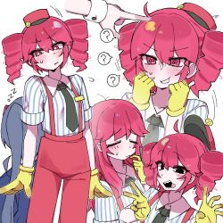 2girls ? @_@ black_necktie blush blush_stickers closed_eyes collared_shirt danchoo drill_hair flying_sweatdrops hair_down hat hatsune_miku highres kasane_teto mesmerizer_(vocaloid) mini_hat multiple_girls necktie open_mouth pants poking red_hat red_pants scratching_cheek sharp_teeth shirt short_hair solo_focus spoken_question_mark striped_clothes striped_shirt suspenders sweatdrop synthesizer_v teeth tongue tongue_out twin_drills twintails utau v vocaloid wrist_cuffs yellow_eyes zzz